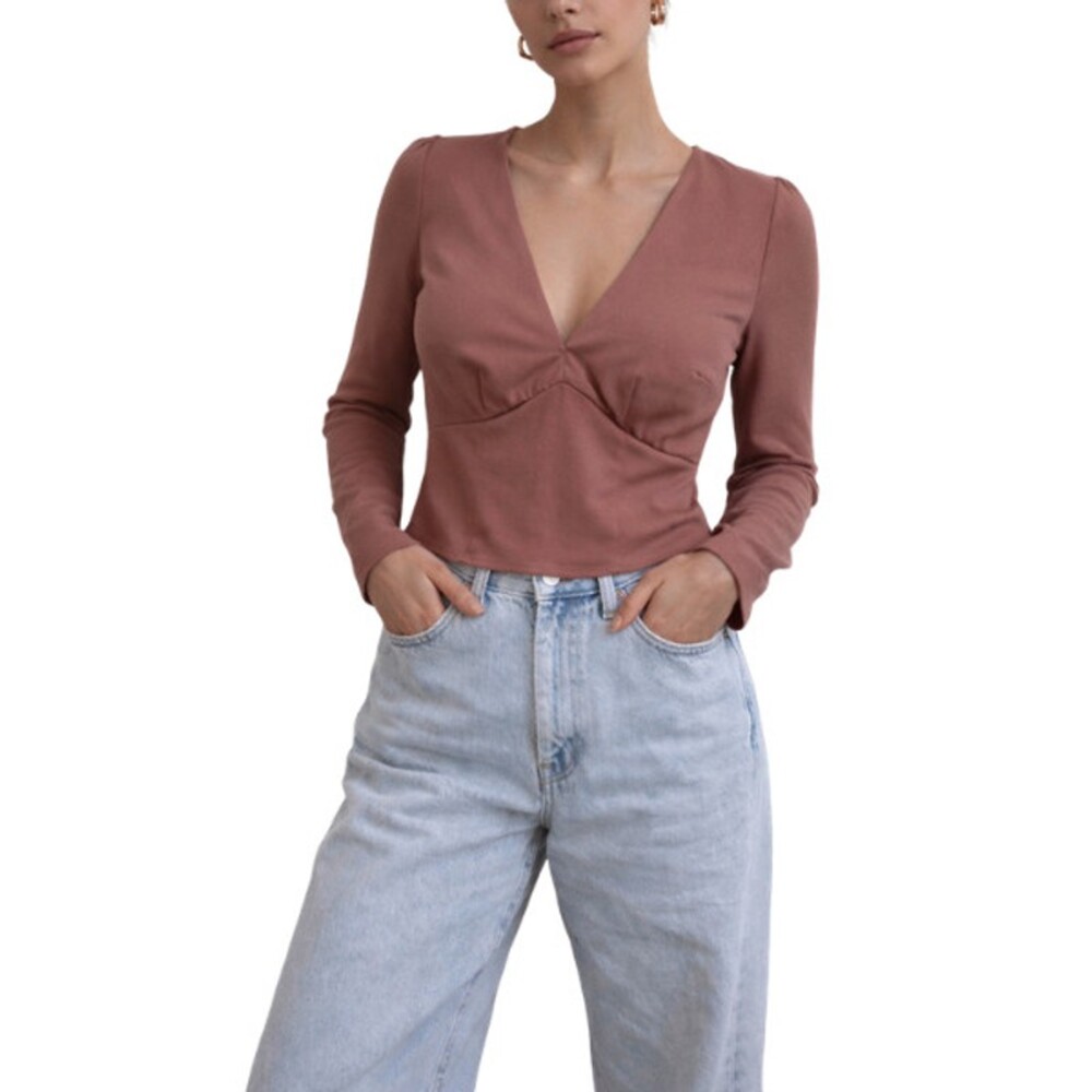 Abercrombie & Fitch Deep V-Neck Top Minimalistic Baby Doll Vibe Brown Women's S